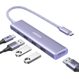 HUB USB-C (Docking Revodok) 5 en 1 | HDMI 2.0 4K@30Hz | 3 USB-A 3.0 (5Gbps) | USB-C PD Carga 100W | Chip de Última Generación | Cable de Nylon Trenzado de 25 cm | Carcasa de Aluminio | Color Morado.