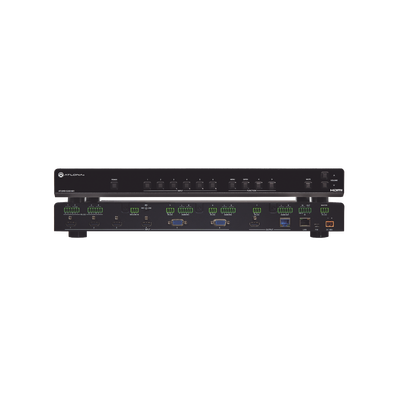 4 HDMI ;  2 VGA INPUT ;  2 OUTPUT SWITCHER WITH SCALER ;  POE ;  AND ETHERNET.