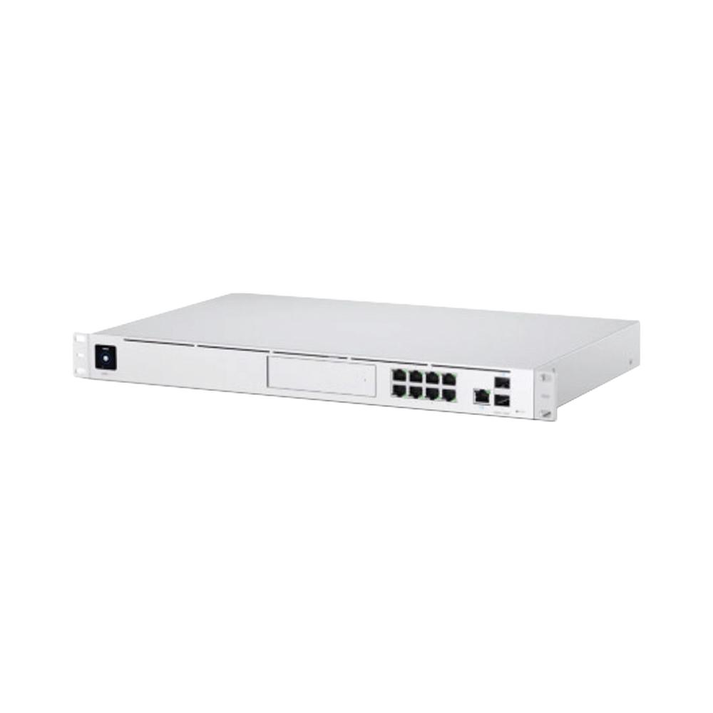 UniFi Dream Machine Pro, de 1 UR con un puerto 10G SFP+ WAN, 8 puertos 10/100/1000 Mbps RJ-45 LAN, y una bahía de HDD 3.5