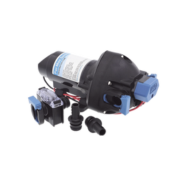 Bomba controlada por presión Par Max a 12 Vcd, caudal de 2 GPM, presión máxima 35 psi, para manguera de entrada con orificio de 38 mm (1½”), manguera de descarga con orificio de 25 mm (1”)