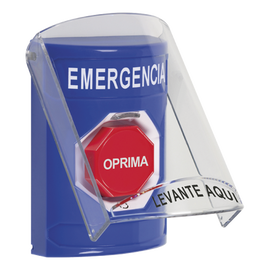 Botón Multipropósito, Color Azul, De Superficie, Con Tapa De Policarbonato, Sin Bocina Prealarma, Para Interior, Girar Para Restablecer, Texto De Emergencia, Español