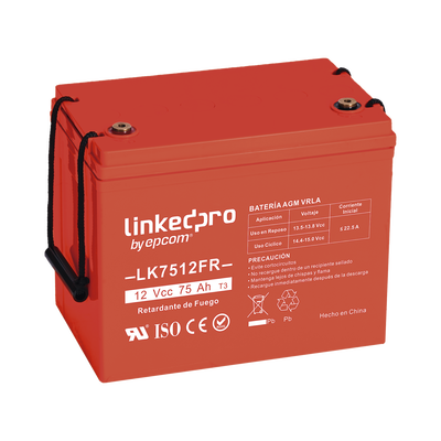 Batería 12 V / 75 Ah / UL / Tecnología AGM-VRLA / Vida útil promedio de 5 años / Retardo a la flama / Para uso en equipo electrónico, Alarmas de Intrusión / Incendio/ Control de acceso / Video Vigilancia / T2