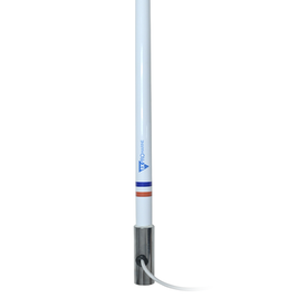 Antena marina VHF en fibra de vidrio con base de acero inoxidable en rango de 156 a 163 MHz. Incluye 10 metros de cable y conector PL-259 macho.