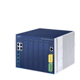 Switch Modular Industrial Capa 3 / 5 Slots / 4 Puertos Gigabit RJ45 / 4 Puertos SFP+ 10G / Rango de Temperatura -40~75°C / Entrada de Potencia Redundante 12-48V / Soporte IPv6/IPv4