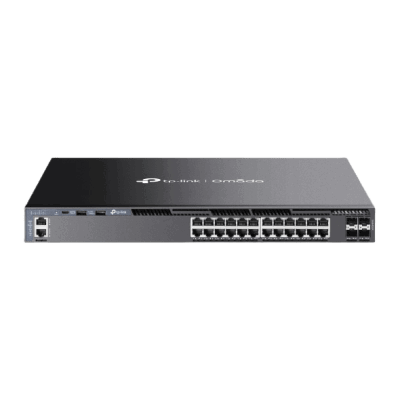 Switch Omada L3 SDN Administrable / 24 puertos Gigabit y 4 puertos SFP+ / Funciones RIP, VVRP, Servidor DHCP / Administración centralizada OMADA / Fuente Redundante