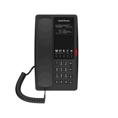 Teléfono IP WI-FI para Hotelería, Puerto USB-A para carga, 5 teclas programables para servicio rápido (Hotline), plantilla personalizable con PoE