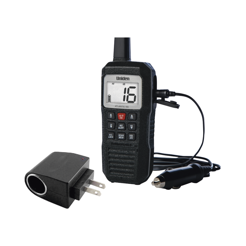 Radio Marino Portátil VHF, flotante y sumergible. Incluye convertidor con entrada tipo encendedor, de 110-220 Vca a 12 Vcd.