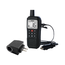 Radio Marino Portátil VHF, flotante y sumergible. Incluye convertidor con entrada tipo encendedor, de 110-220 Vca a 12 Vcd.