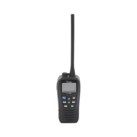 Radio portátil marino color negro, 5 W de potencia RF, 0.5 W de salida de audio, flotante, sumergible IPX7, Tx: 156.025-157.425MHz, Rx: 156.050-163.275MHz , incluye batería de 1500mAh, cargador, antena clip y correa de mano