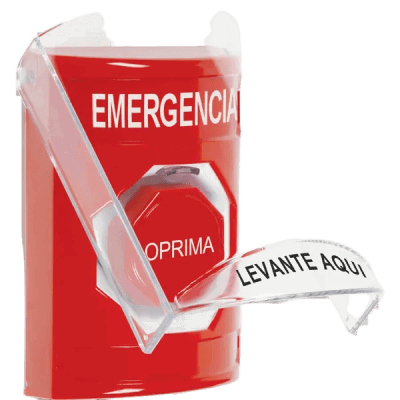 ​Botón Multipropósito, Color Rojo, De Superficie, Con Tapa De Policarbonato, Con Bocina Pre Alarma, Para Interior, Llave Para Restablecer, Texto De Emergencia, Español