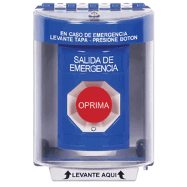 Botón Multipropósito, Color Azul, De Superficie, Con Tapa De Policarbonato, Sin Bocina, Para Interior/Exterior, Llave Para Restablecer, Texto Salida De Emergencia, Español