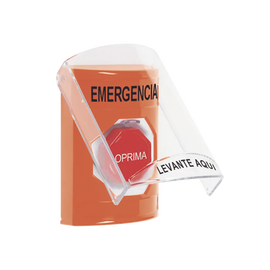 ​Botón Multipropósito, Color Naranja, De Superficie, Con Tapa De Policarbonato, Con Bocina Pre Alarma, Para Interior, Llave Para Restablecer, Texto De Emergencia, Español
