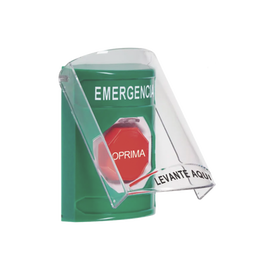 ​Botón Multipropósito, Color Verde, De Superficie, Con Tapa De Policarbonato, Con Bocina Pre Alarma, Para Interior, Llave Para Restablecer, Texto De Emergencia, Español