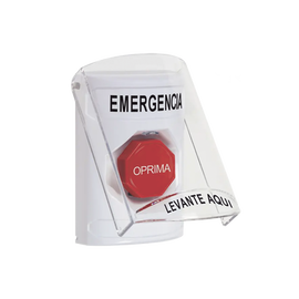 ​Botón Multipropósito, Color Blanco, De Superficie, Con Tapa De Policarbonato, Con Bocina Pre Alarma, Para Interior, Llave Para Restablecer, Texto De Emergencia, Español