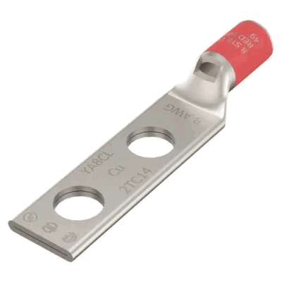 Terminal de Compresión / 8 AWG CU / Dos Orificios / Tamaño del Tornillo 1/2 / Espaciado de Orificios 1-3/4 / Barril Estándar / Ventana de Inspección / Biselado Interno / Estaño Plateado / UL-CSA / 90°C / Hasta 35kV /