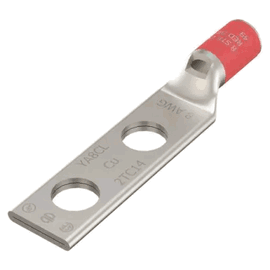 Terminal de Compresión / 8 AWG CU / Dos Orificios / Tamaño del Tornillo 1/2 / Espaciado de Orificios 1-3/4 / Barril Estándar / Ventana de Inspección / Biselado Interno / Estaño Plateado / UL-CSA / 90°C / Hasta 35kV /