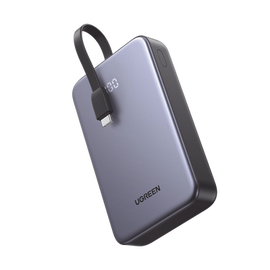 Power Bank Portatil | 2000mAh (74Wh) | 30W | Con Cable USB-C Incorporado | 2 Salidas 22,5W | Pantalla Inteligente | Multiple Proteccion | Aprobado por Aerolíneas | Color Grey.