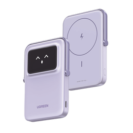 Power Bank Inalambrico | 5000mAh | 7.5W  |  Con Emojis de Estado | Carga Rápida USB-C Bidireccional  | Pantalla TFT  Inteligente | 13 niveles de Proteccion | Con Holder | Color Purple.
