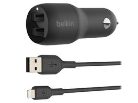 Belkin Dual Charger - Adaptador de corriente para el coche - 24 vatios - 4.8 A - 2 conectores de salida (USB) - en el cable: Lightning - negro