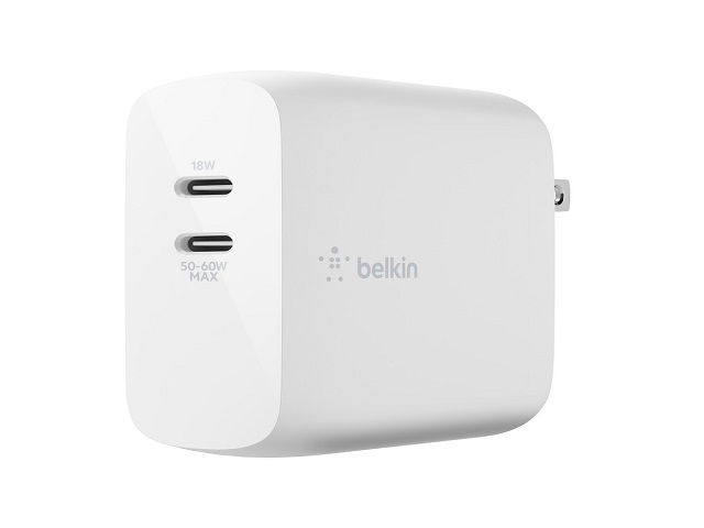 Belkin - Cargador de pared - tecnología GaN - 68 vatios - 3 A - Fast Charge, PD - 2 conectores de salida (24 pin USB-C) - blanco Belkin - Cargador de pared - tecnología GaN - 68 vatios - 3 A - Fast Charge, PD - 2 conectores de salida (24 pin USB-C) - blanco