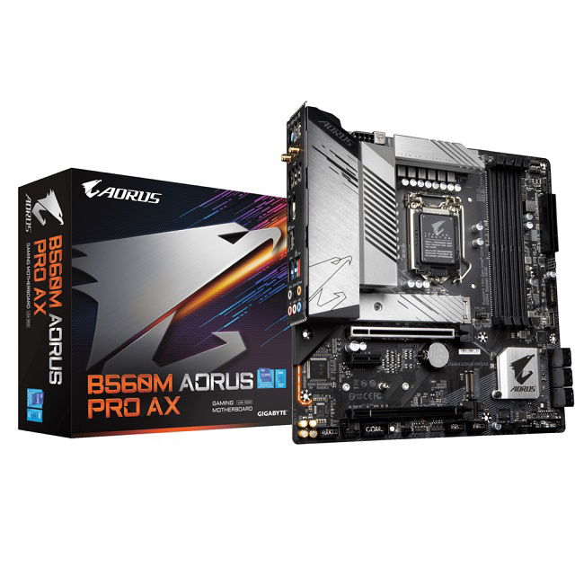 Gigabyte B560M AORUS PRO AX - 1.0 - placa base - micro ATX - Socket LGA1200 - B560 Chipset - USB 3.2 Gen 1, USB-C Gen1, USB-C Gen 2x2, USB 3.2 Gen 2 - 2.5 Gigabit LAN, Wi-Fi 6, Bluetooth - Tarjeta gráfica (CPU necesaria) - HD Audio (8-canales) Gigabyte B560M AORUS PRO AX - 1.0 - placa base - micro ATX - Socket LGA1200 - B560 Chipset - USB 3.2 Gen 1, USB-C Gen1, USB-C Gen 2x2, USB 3.2 Gen 2 - 2.5 Gigabit LAN, Wi-Fi 6, Bluetooth - Tarjeta gráfica (CPU necesaria) - HD Audio (8-canales)