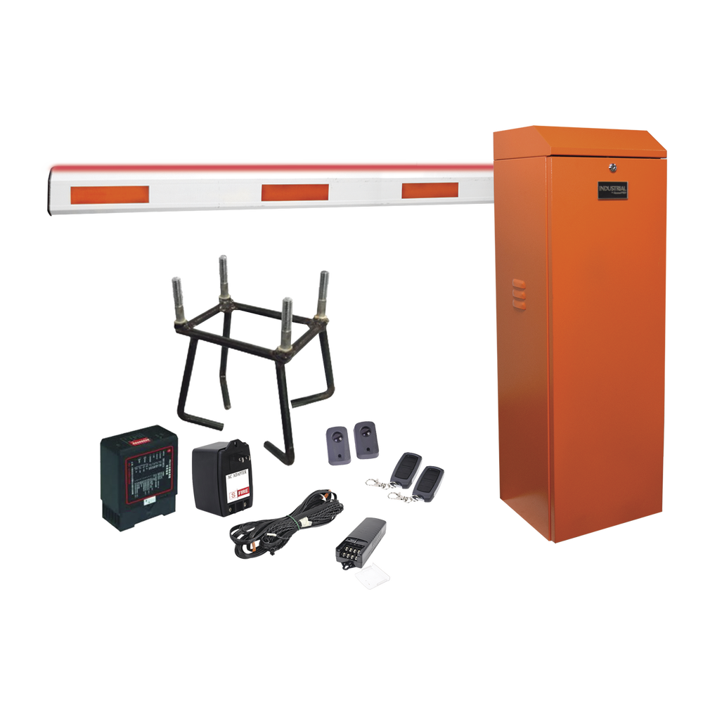 Kit COMPLETO Barrera Izquierda XB ANARANJADA / 5M / Inluminacion LED Rojo-Verde / Incluye Sensor de masa, Transformador, Lazo, Ancla, Fotoceldas y 2 Controles Inalámbricos