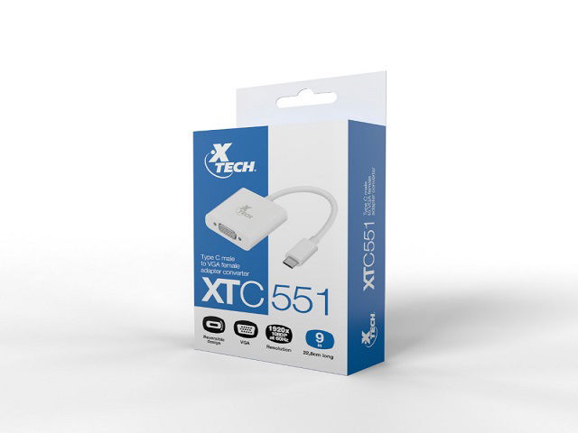 Xtech - Display adapter - USB Type C - VGA - Glossy white - XTC-551 Xtech - Display adapter - USB Type C - VGA - Glossy white - XTC-551