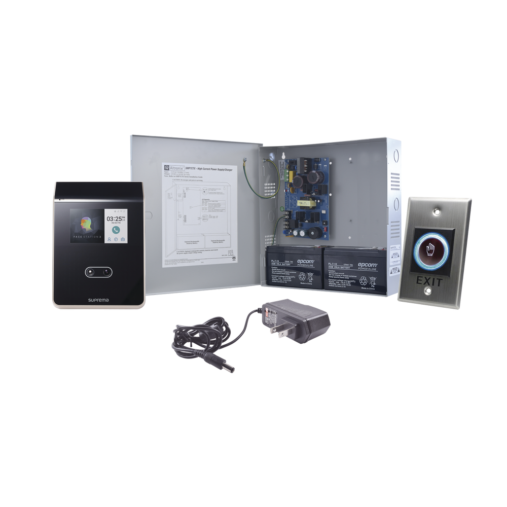 Sistema Completo de Acceso sin contacto Facial SUPREMA, Incluye Lector Biometrico FS2AWB, boton de salida ACCESSK! y fuente