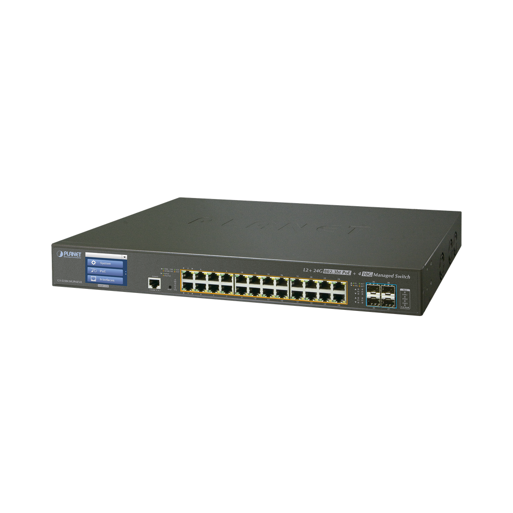 Switch Administrable L2+, 24 puertos Gigabit PoE 802.3bt, 4 puertos 10G SFP+,Pantalla táctil, Fuente Redundante, (400W)