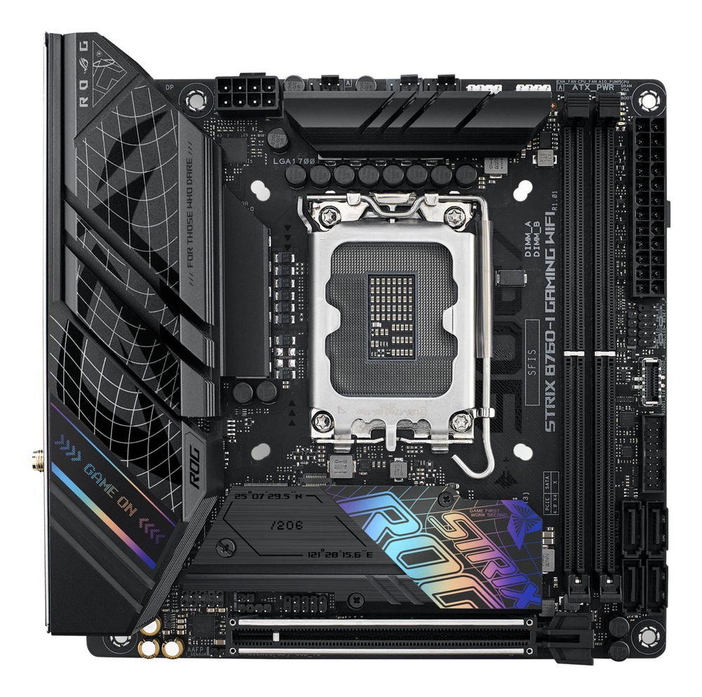 ASUS ROG STRIX B760-I GAMING WIFI - Placa base - mini ITX - Socket LGA1700 - B760 Chipset - USB 3.2 Gen 1, USB-C 3.2 Gen 1, USB-C 3.2 Gen 2x2, USB-C 3.2 Gen2 - 2.5 Gigabit LAN, Wi-Fi 6E, Bluetooth - Tarjeta gráfica (CPU necesaria) - HD Audio (8-canal