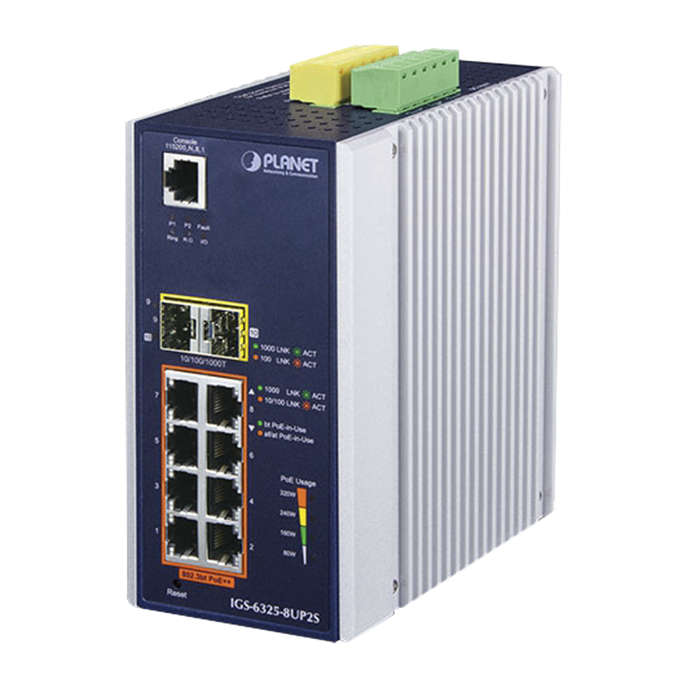 Switch Industrial Administrable L3 de 8 puertos Gigabit PoE 802.3bt + 2 puertos SFP (360W)