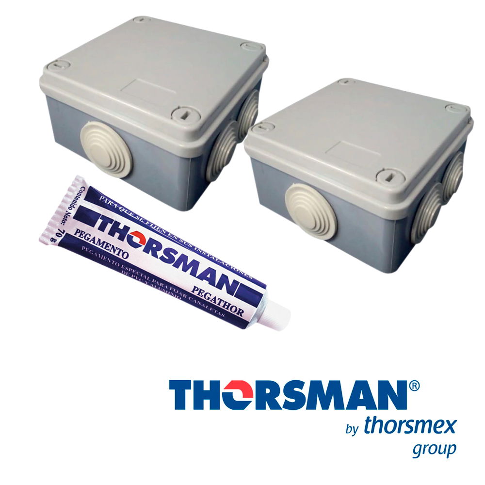 KIT 2 CONTIENE 2 CAJA ESTANCA IP55 100x100x50 mm + 1 PEGATHOR DE 70g THORSMAN