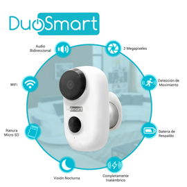 CAMARA INTELIGENTE 100% INALAMBRICA DUOSMART E40 WIFI 2.4 GHZ COMPATIBLE CON APP DUOSMART CON BATERIA RECARGABLE INTEGRADA DE LARGA DURACIÓN CON AUDIO BIDIRECCIONAL GRABACION POR DETECCION DE MOVIMIENTO EN MICROSD DE HASTA 128GB (NO INCLUIDA) CAMARA INTELIGENTE 100% INALAMBRICA DUOSMART E40 WIFI 2.4 GHZ COMPATIBLE CON APP DUOSMART CON BATERIA RECARGABLE INTEGRADA DE LARGA DURACIÓN CON AUDIO BIDIRECCIONAL GRABACION POR DETECCION DE MOVIMIENTO EN MICROSD DE HASTA 128GB (NO INCLUIDA)
