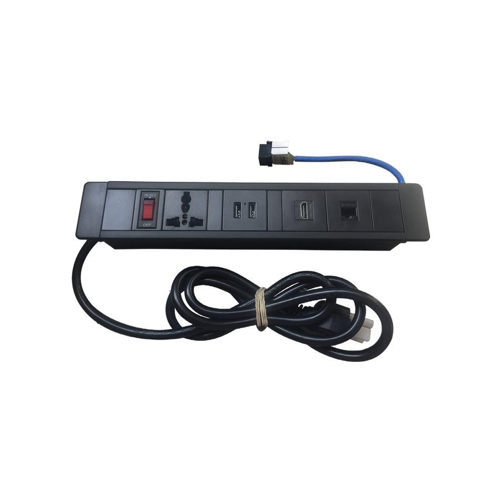 Hub para escritorio color negro,  con 1 Puerto HDMI Hembra-Hembra, 1 Conector RJ45 Cat6, 2 Puertos USB 5V DC /2 A, y 1 Contacto eléctrico universal