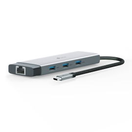 Adaptador HUB 9 en 1, 1 puerto USB-C entrada, 1 puerto HDMI 4K, 1 puerto Ethernet Gigabit, 1 puerto SD y MicroSD, 1 puerto USB-C y 3 puertos USB-A