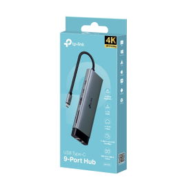 Adaptador HUB 9 en 1, 1 puerto USB-C entrada, 1 puerto HDMI 4K, 1 puerto Ethernet Gigabit, 1 puerto SD y MicroSD, 1 puerto USB-C y 3 puertos USB-A