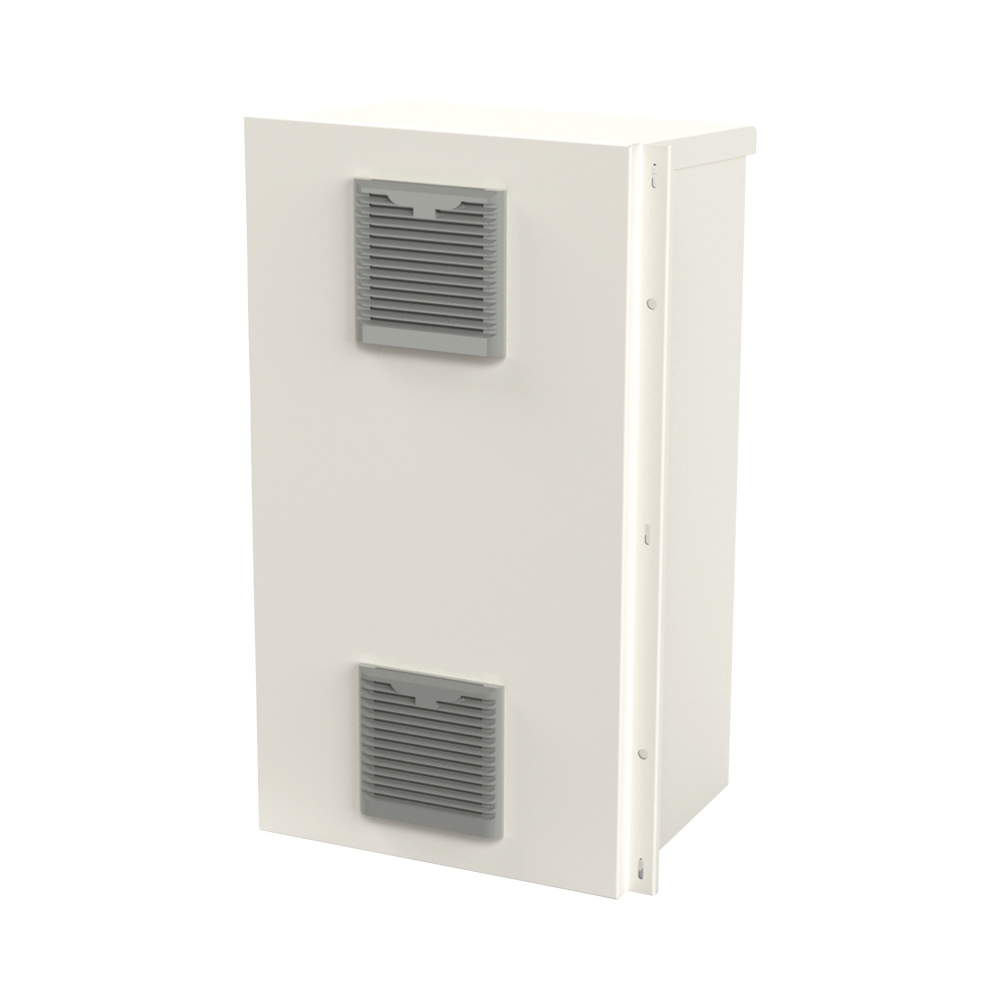 Gabinete Acero Galv. para 2 Baterías PL110D12  (400 x 730 x 300mm). Puerta Ventilada. Acc. para piso o poste No incluidos.