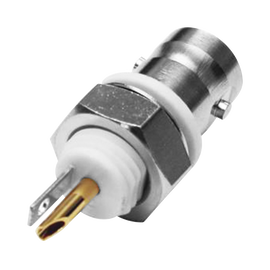 Conector BNC Hembra para Chasis, Montaje Frontal, Soldable, D-Plano, Troquelado, Niquel/ Oro/ Delrin.