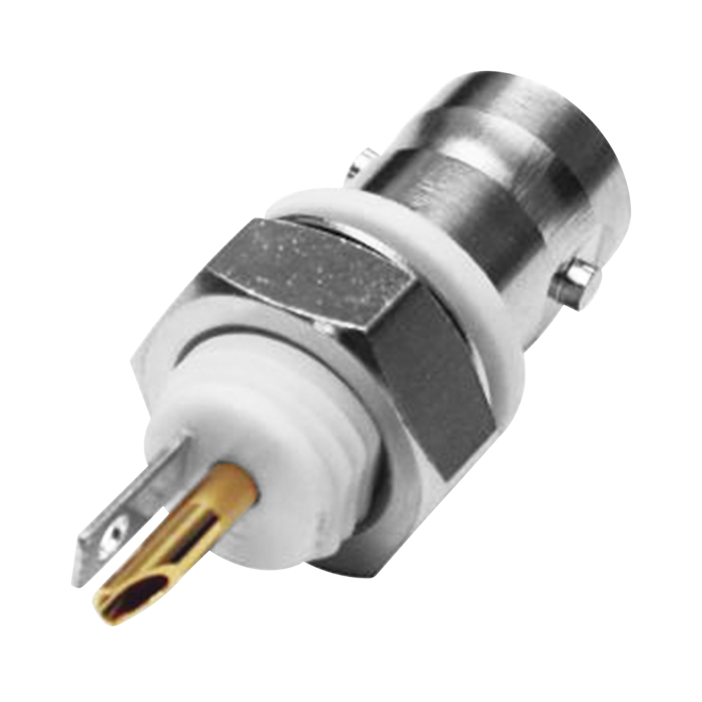 Conector BNC Hembra Aislado para Montaje en Panel Frontal en D-Plano, Soldable para Grupo I, Níquel/ Oro/ Teflón.