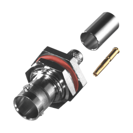 Conector BNC Hembra para Chasis en D-Plano con Aro de Goma, Anillo Plegable para RG-59/U, Grupo D, 75 Ohm, Níquel/ Oro/ Delrin