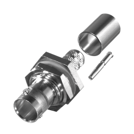 Conector BNC Hembra para Chasis en D-Plano con Aro de Goma, Anillo Plegable para RG-6/U y Grupo Q, 75 Ohm, Níquel/ Oro/ Teflón.