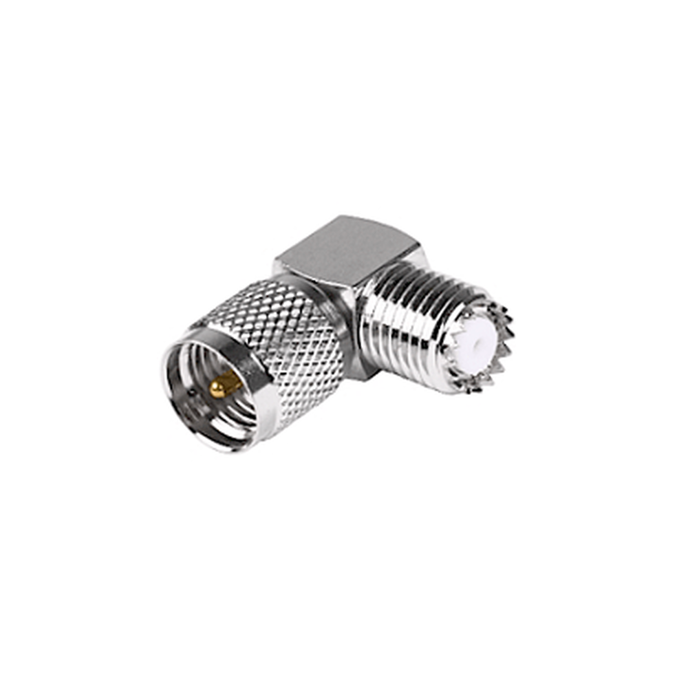 Adaptador en Angulo Recto, de Conector Mini UHF Macho a Mini UHF Hembra, Cuerpo Cuadrado, Níquel/ Oro/ Teflón.