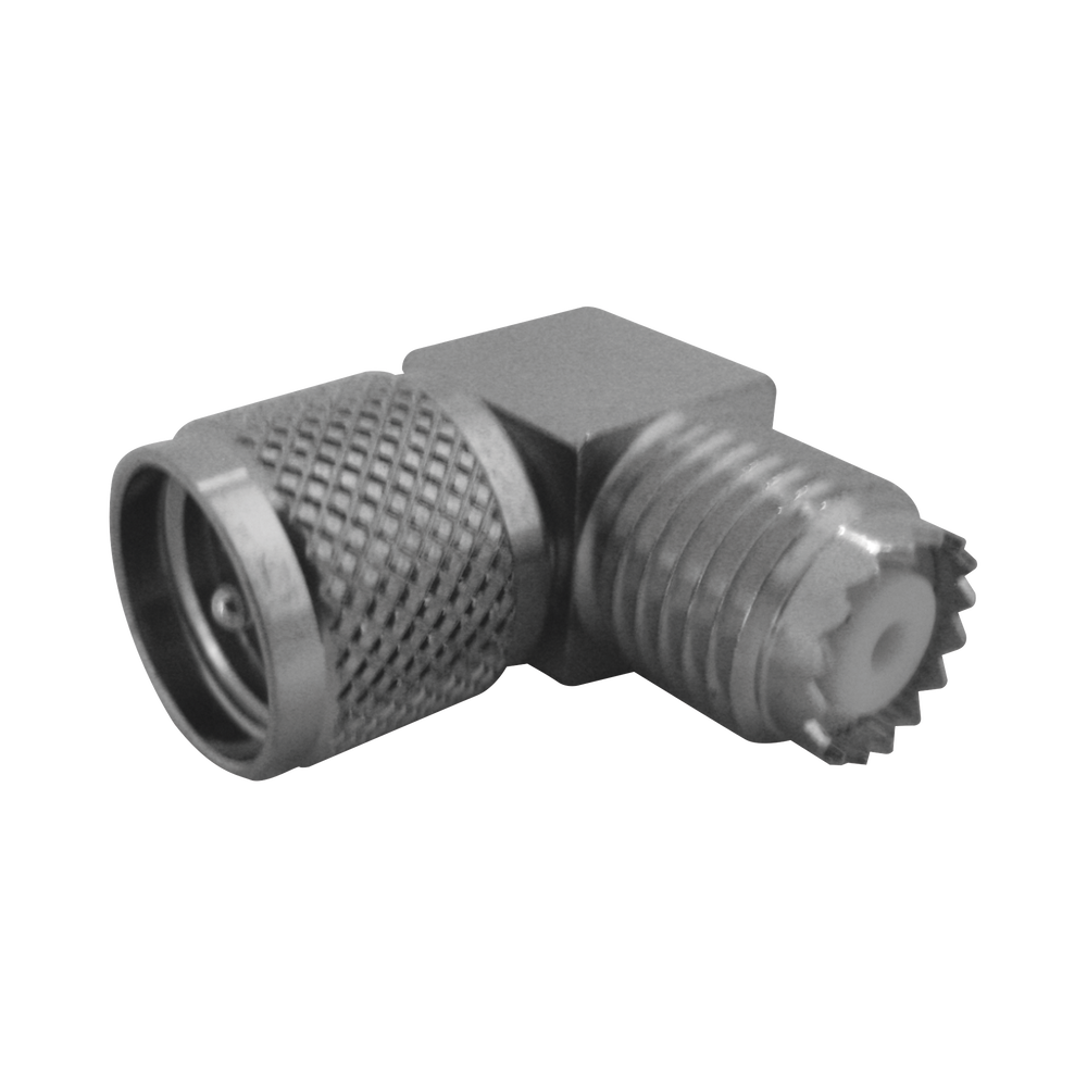 Adaptador en Angulo Recto, de Conector Mini UHF Macho a Mini UHF Hembra, Cuerpo Cuadrado, Níquel/ Estaño/ Teflón.