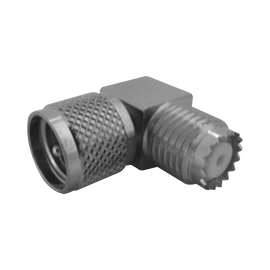Adaptador en Angulo Recto, de Conector Mini UHF Macho a Mini UHF Hembra, Cuerpo Cuadrado, Níquel/ Estaño/ Teflón.
