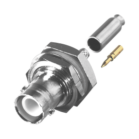 Conector BNC Hembra Inverso de Montaje Trasero en Panel, D-Plano, Hermético de Anillo Plegable para RG-174/U, Níquel/ Oro/ Teflón.