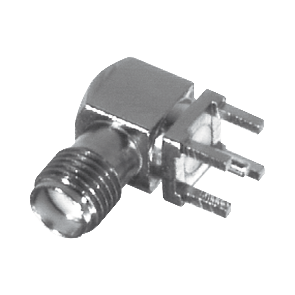 Conector SMA Hembra en Ángulo Recto con Terminal y 4 Patas para Montaje PCB, Níquel/ Oro/ Teflón.​