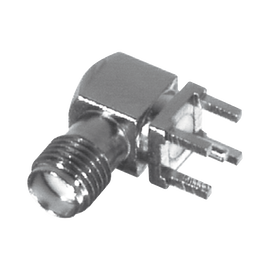 Conector SMA Hembra en Ángulo Recto con Terminal y 4 Patas para Montaje PCB, Níquel/ Oro/ Teflón.​