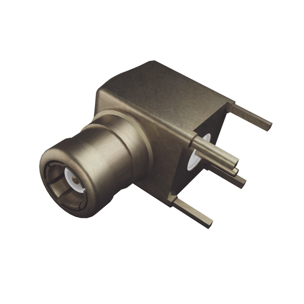 Conector SMB Macho (PIN Hembra) en Ángulo Recto, con Terminal y 4 Patas para Montaje en PCB, Oro/ Oro/ Teflón.​