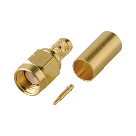 Conector SMA Macho en línea tipo Rosca Izquierda, de Anillo Plegable para Cable RG-142/U y Grupo C1, Oro/ Oro/ Teflón.