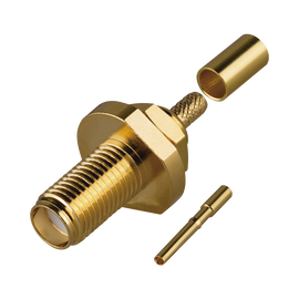 Conector SMA Hembra de Rosca Izquierda, Montaje Frontal en Panel para Cables del Gurpo B, Oro/ Oro/ Teflón.